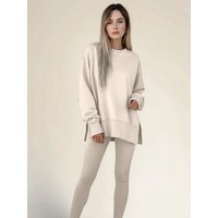 Women's Casual Loose Long Sleeve round Neck Split Top Sweatshirt Set with Tight Pants European & American Style Autumn/Winter