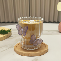 Glass Coffee Cup With 3D Butterfly Pattern And Stripe Design For Hot And Cold Drinks