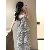 STAZF7 plus Size Sexy Lace Halter A-Line Skirt Women Summer Pure Desire V-Neck Waist Cinched Long Skirt Commute Style Korean ...