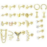 FASACCO 1Pc Surgical Steel Flat Back Cartilage Studs Earring for Women Men CZ Opal Dainty Chain Dangle Helix Piercing Jewelry