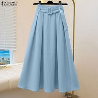 2026 ZANZEA Summer Fake Denim Blue Skirt Casual Jupe Women Elegant OL Work Pleated Skirt Faldas Saia Stylish A-line Overskirts