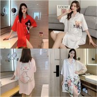 Women Summer One Piece Dress Short Sleeve lapel Cardigan Pajamas Thin Sexy Loose Cartoon Printing Shirt Skirt Big Size Girls