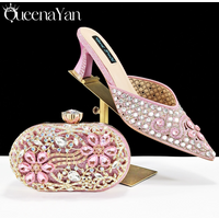 QUEENA YAN Luxury Pink Rhinestone Party Shoes and Clutch for Women- Elegant Crystal Heels with Matching Evening Bag