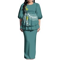 Polynesian Puletasi Puff Half Sleeve Two Piece New Zealand Women Dress Custom Plus Size Round Neck Ruffle Long Maxi Dress