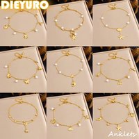 DIEYURO 316L Stainless Steel Golden Ocean Series Zircon Pearl Tassel Pendant Anklets Lady New Waterproof Foot Chain Jewelry Gift