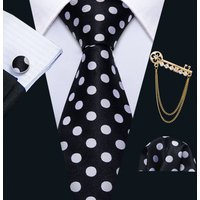 Mens Tie Black White Red Polka Dot Geometric Fashion Ties Hanky Cufflink Brooch Set Wedding Party Event