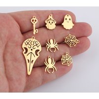 5pcs/lot Stainless Steel Halloween Ghost Witch Charms Mirror Polished Spider Skull Mask Key Pendant for DIY Jewelry Making