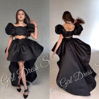 Customized Black Flower Girl Dress For Wedding Satin 2pc Set With Tail Puffy Princess Kids Birthday First Communion Ball Gown