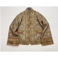 Vintage colored floral pattern printed linen jacket coat elegant round neck knot single breasted long sleeved short jacket