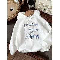 Creative Blue Bow Fresh Style Printed Hoodie for Women in Autumn and Winter 2025 Long Sleeved Hoodie for Women's Clothing