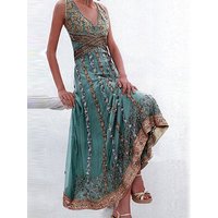 Summer Dress for Women Elegant V Neck Ethnic Style Printed Sleeveless Maxi Dress Loose Ladies Vacation Beach Dress
