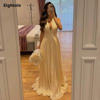 Eightale Arabic Evening Dress Halter Crepe Customized Muslim Floor Length Champagne A-Line Prom Wedding Party Gown