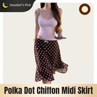 French Retro Style Women's A-Line Chiffon Knee-Length Skirt with Bow, Chocolate Brown and Beige Polka Dots
