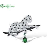 SANTUZZA Authentic 925 Silver Brooch For Women Shiny White Black Leopard Wild Animal Daily Wearring Dlicate Gifts Fine Jewelry