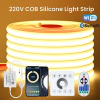 Ściemnialna taśma LED COB 220V WIFI Bluetooth z dotykowym sterowaniem ściennym, pilotem 23-przyciskowym, zestaw zasilający, 288 LED/M, wodoodporna, elastyczna lampa.