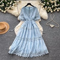 Long Dress Women Dresses A Line Vestidos Y2k Streetwear Round Neck Short Sleeve Elegant Tight Waist Lace Party Night Work 2026
