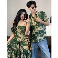 Holiday Family Matching Beach Clothes Couple Vacation Look Mom Dress Resort Dad Son Print Shirts Outfits Daughter Smock Green