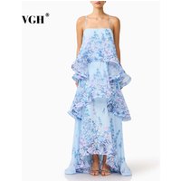 VGH Solid Loose Spliced Printing Dresses for Women Square Collar Sleeveless French Romantic Dress Female Summer Fashion Style