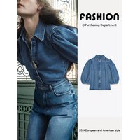 Spring New Arrival Women's Faionable Versatile Comfortable Denim Turn-down Collar Puffy Sve irt Commute Sle Long Sle...