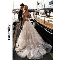 Customized Wedding Dresses Elegant Sleeveless Womens Dresses Floral Lace Applique Backless Bride Dresses Vestidos Para Mujer