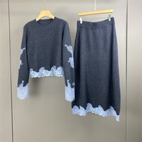 Round neck lace patchwork long sleeved loose fitting pullover elastic waist skirt wool cashmere blend autumn new women's suit