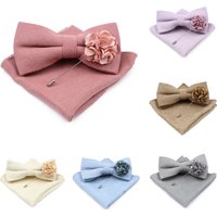 Mens Solid Color Cotton Bowtie Pocket Square Brooch Sets Pink Blue Super Soft Suede Bow Tie Handkerchief For Wedding Party Gift