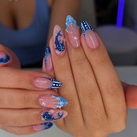 24PCS Blue Ocean Gradient French Press on Nails Glossy Shell Pearl Decor Almond Fake Nails Spice Girls Wearable Sweet False Nail