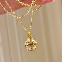 Foydjew French Retro Hexagram Star Disk Round Pendant Necklaces with Green Zircon Neck Jewelry Accessories For Women