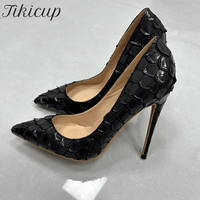 Black Snakeskin Pointed-Toe Stiletto Heels 12cm Ultra-Thin High Sexy Shallow Pumps for Women Elegant Party/Club Night Dress S