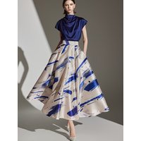 Summer Blue Silk Satin Half Skirt Women's A-Line Skirt High Waist Cover Hip Print Design Simple Style Polyester Fiber Skirt