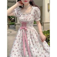 Floral Dresses Women Lace-up Puff Sleeve Sweet Princess College A-line French Style Fashion Aesthetic Summer Personality Classic