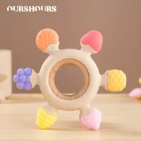 BPA Free Baby Silicone Teethers with Wooden Ring Cartoon Fruit Rudder Shape Teething Toys Infant Chewing Nursing Toy Baby Stuff