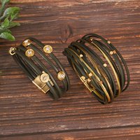 Amorcome Elegant Irregular Metal Buckle Multilayer Leather Bracelet for Women Stackable Thin ChainBracelet Fashion Jewelry Gift