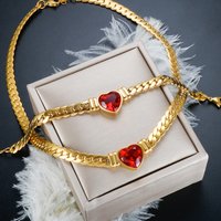Luxury Love Heart Zircon Necklace Bracelet Dubai Cuban Chain Jewelry Set For Women Waterproof Stainless Steel Gold Color Plated