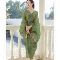 New Retro Chinese Style Green Bandhnu Linen Hanfu Long Dress For Women V Neck Batwing Sleeve Printed Loose Holiday Maxi Clothes