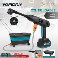 Pistolet à eau électrique YOFIDRA 6 en 1 100 bars avec seau d'eau pliable de 22 L, machine de lavage pour maison et voiture, compatible avec batterie Makita 18V-21V.