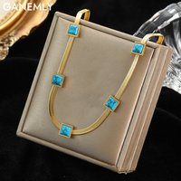 GANEMLY 316L Stainless Steel Square Blue Stone Chain Necklace For Women Girl Fashion Neck Chain Waterproof Jewelry Gift Collar
