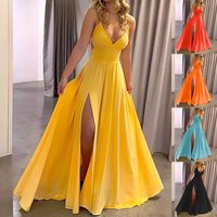 Women's Sexy Spaghetti Strap V-Neck Dresses Hollow Out Sleeveless Side Split Evening Dress Elegant Solid High Waist Party Gowns