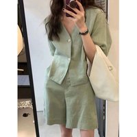 Summer Pure Color Academy Style Loose Fit High Waist Shorts Two Piece Set Sweet And Salty Casual Fashion Women's Ensemble