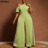 VONDA Elegant Summer Women Plus Size Jumpsuits Patchwork Short Sleeve Rompers Solid Party Playsuits Wide Leg Pants Streetwear