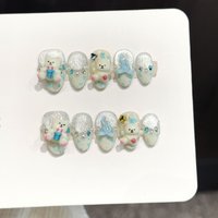 10pcs Handmade Fake Nails Short Almond Lovely bear Press On Nails French Sweet cartoon Design Summer style