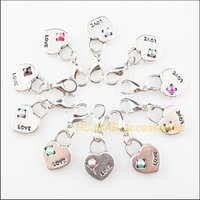 10Pcs Retro Heart Lock Multicolored Mixed Beads With Lobster Claw Clasps Charms