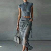 Summer Sexy High Neck Short Sleeve Crop Top + Ruched Sheer Maxi Skirt Elegant Gray Party Outfit Women Slimming Half Skirt Set
