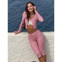 Women's Fashion Casual Romantic Plaid Print Front Tie Vacation Beach Top and Five-Pocket Pants, Spring Summer Two-Piece Set