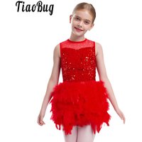 Kids Girls Fairy Prom Party Figure Skating Modern Dancewear Sequin Leotard Patchwork Feather Tutu Dress Dance Ballerina Costumes