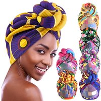 New Women African Print Large Flower Stretch Turban Headwrap Bonnet Hat Pre-Made Top Knot Head Wraps Wedding Party Headwear