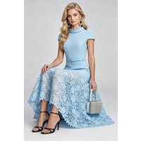 Light Blue Mock Neck Lace Midi Dress Women Elegant Belted Cap Sleeve A-Line Party Evening Cocktail Formal Sundress Co-ord