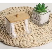 Cotton Swab Box Transparent Bamboo Cover Dustproof Cotton Swab Toothpick Storage Box Purpose Visible Dispenser with Cotton Swab