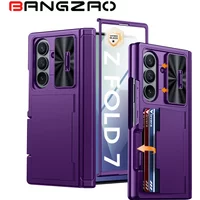 Shockproof Case for Galaxy Z Fold 7 with Card Holder, Slide Camera Cover,RFID Blocking,Military Grade Drop Protection-Purple