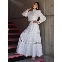 Elegant Lace Spliced 2 Piece Sets Women Outfit Spring Clothing Women Long Sleeve Crop Top Maxi Skirt Suits Hollow Out Dress Sets